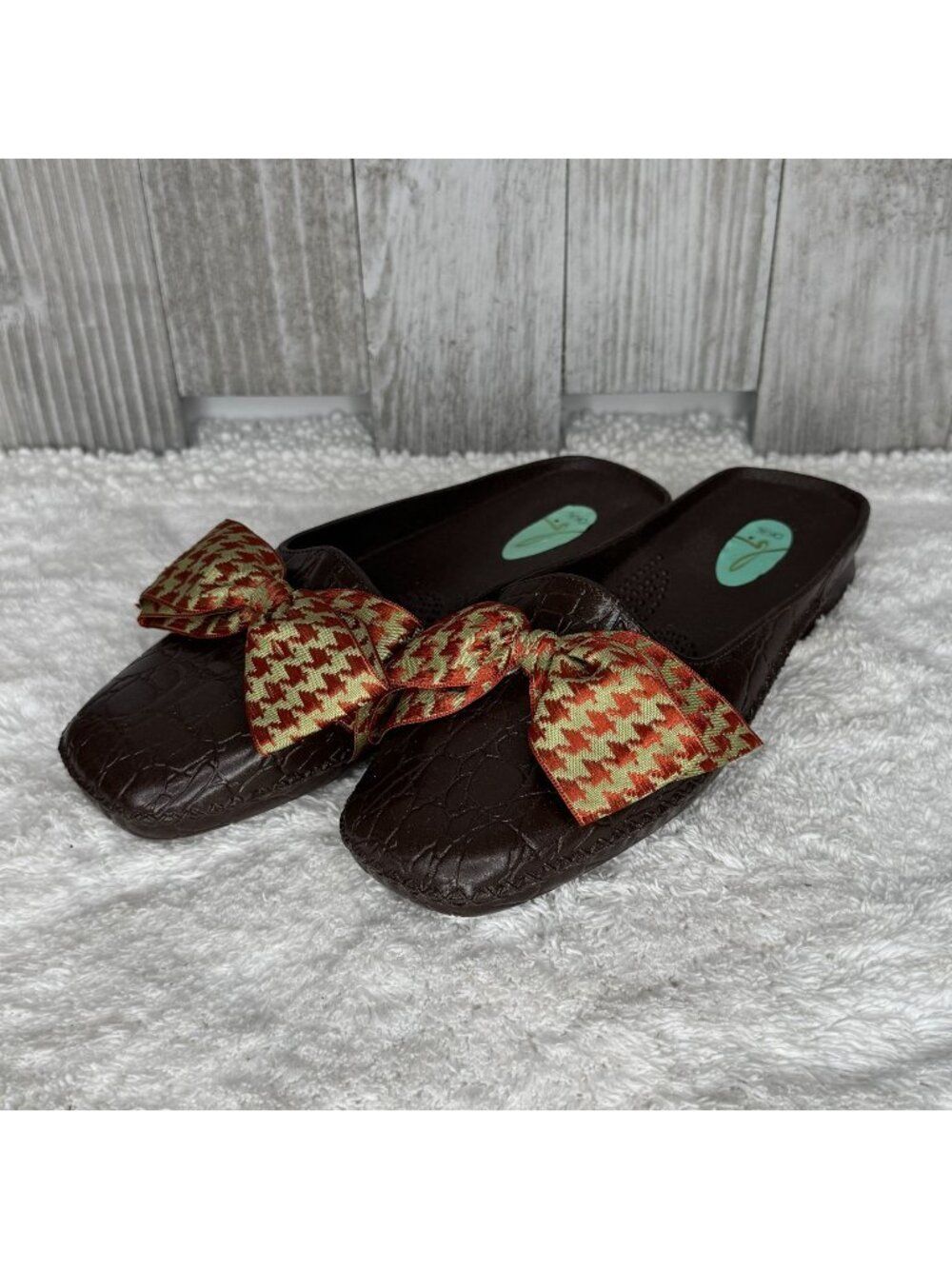 Oka B by Okabashi Brown Jelly Mules with Houndstooth Bow Size S